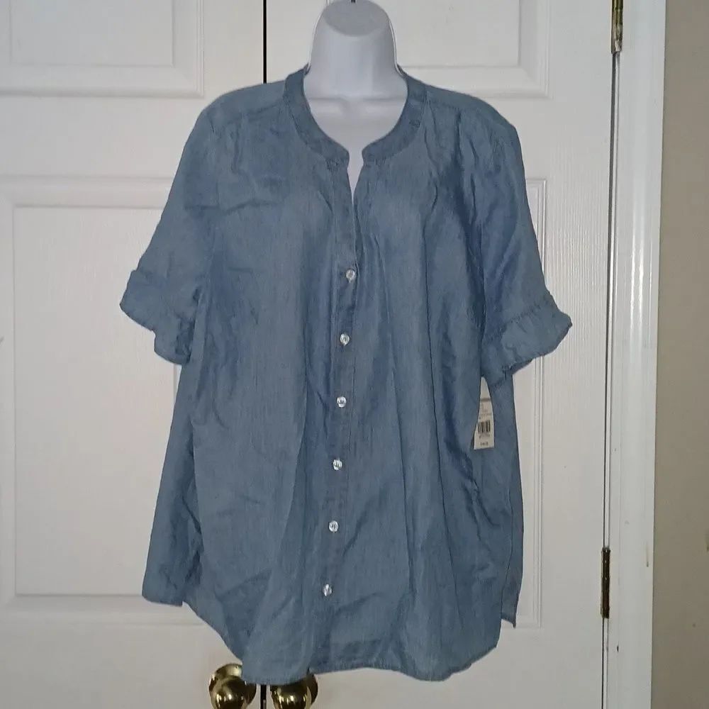 Kim Rogers curvy v neck button down short sleeve light wash denim blouse Sz 2X